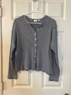 Cherokee Black and White Striped Button Front Sweater